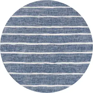 Photo of 5' Blue And Ivory Round Striped Indoor Outdoor Area Rug