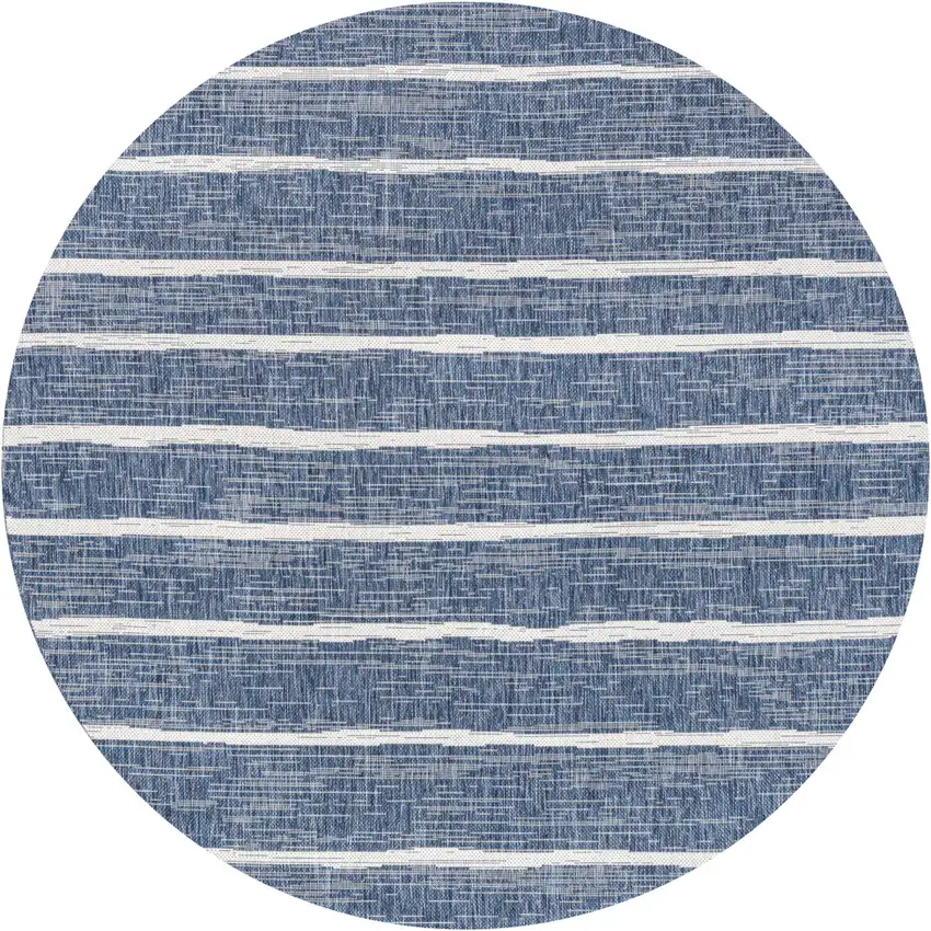 5' Blue And Ivory Round Striped Indoor Outdoor Area Rug Photo 1