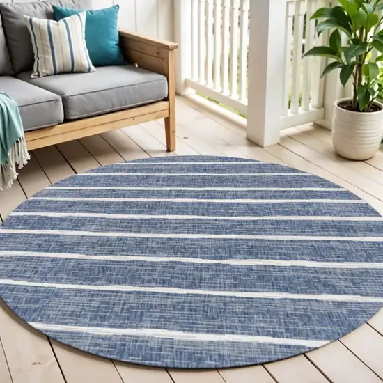 5' Blue And Ivory Round Striped Indoor Outdoor Area Rug Photo 1