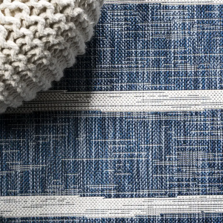 5' Blue And Ivory Round Striped Indoor Outdoor Area Rug Photo 7