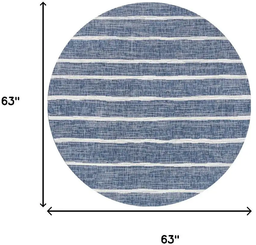 5' Blue And Ivory Round Striped Indoor Outdoor Area Rug Photo 9