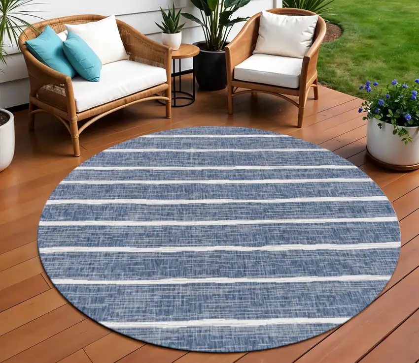 8' Blue And Ivory Round Striped Indoor Outdoor Area Rug Photo 1