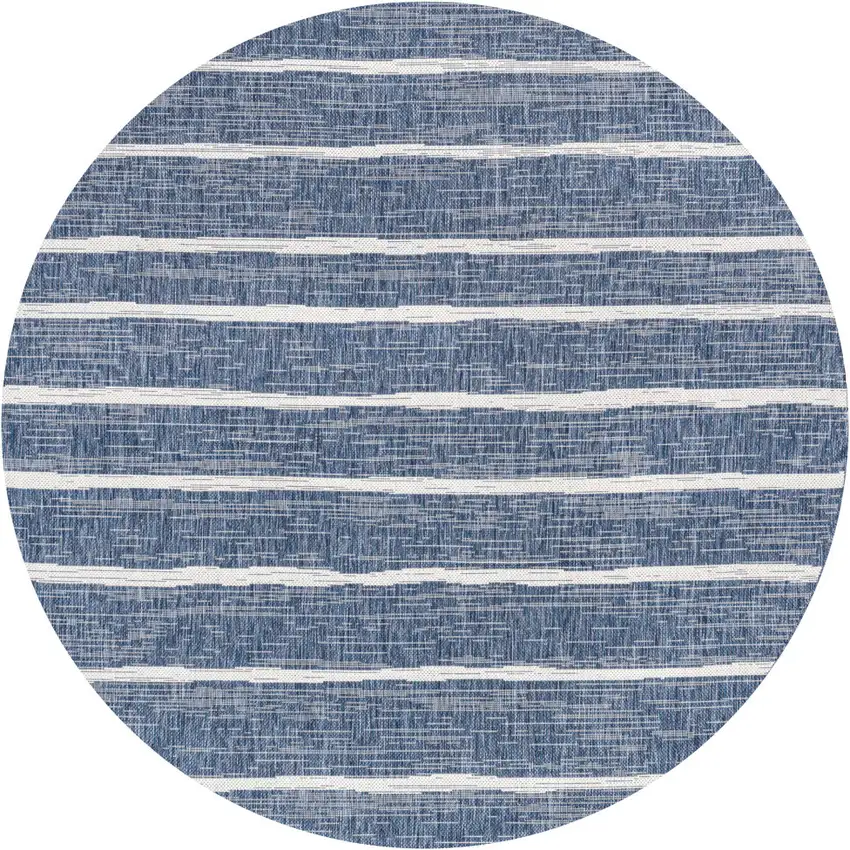 8' Blue And Ivory Round Striped Indoor Outdoor Area Rug Photo 3