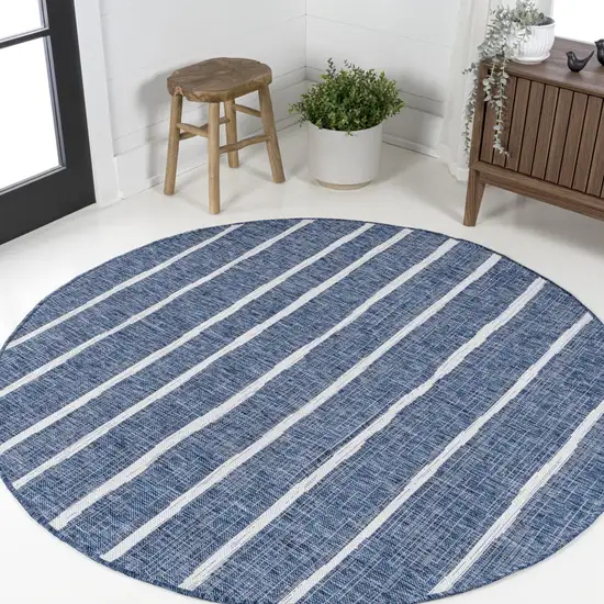 8' Blue And Ivory Round Striped Indoor Outdoor Area Rug Photo 4