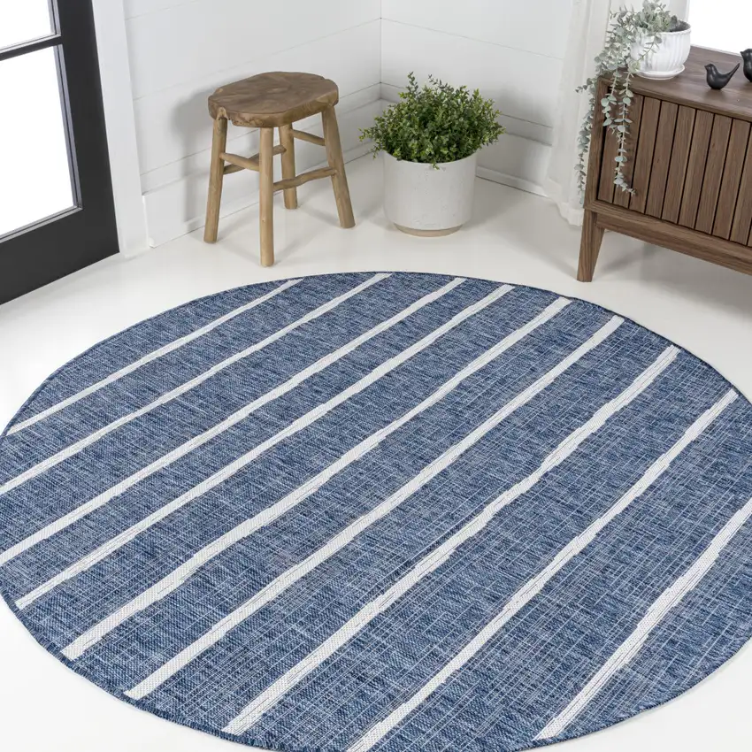 9' Blue And Ivory Round Striped Indoor Outdoor Area Rug Photo 4