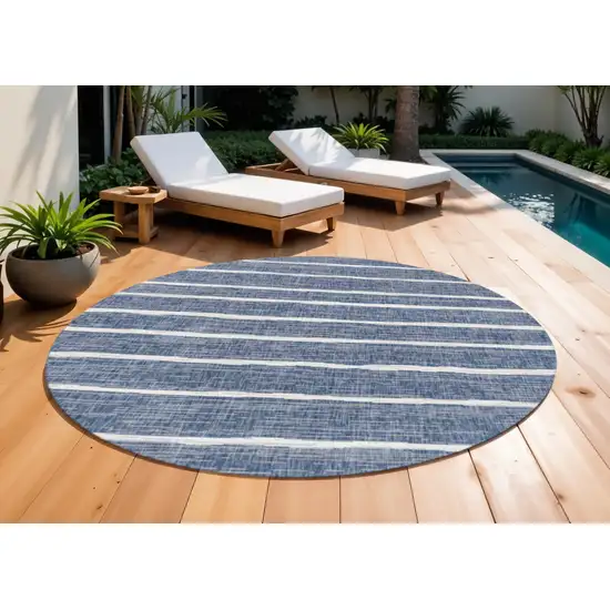 9' Blue And Ivory Round Striped Indoor Outdoor Area Rug Photo 1