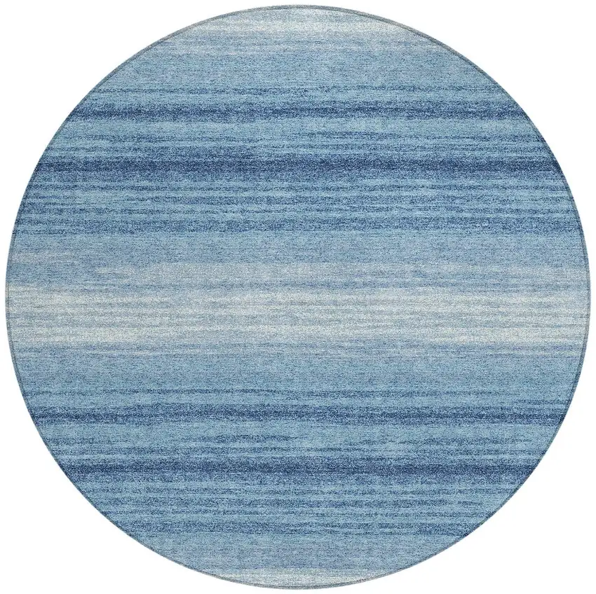 8' Blue And Ivory Round Striped Washable Indoor Outdoor Area Rug Photo 5