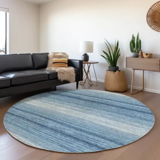 8' Blue And Ivory Round Striped Washable Indoor Outdoor Area Rug Photo 7
