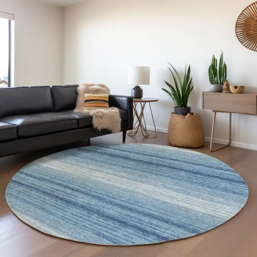 8' Blue And Ivory Round Striped Washable Indoor Outdoor Area Rug Photo 7
