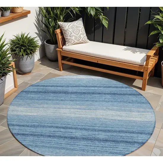 8' Blue And Ivory Round Striped Washable Indoor Outdoor Area Rug Photo 1