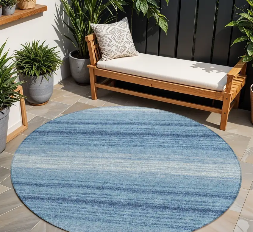 8' Blue And Ivory Round Striped Washable Indoor Outdoor Area Rug Photo 1