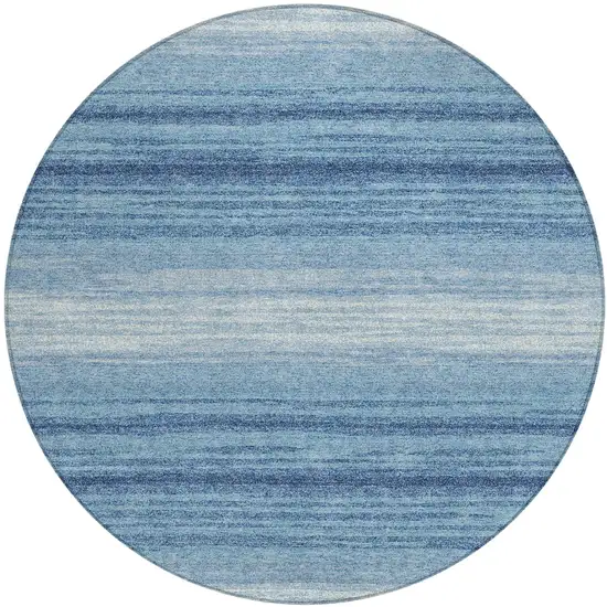 8' Blue And Ivory Round Striped Washable Indoor Outdoor Area Rug Photo 2
