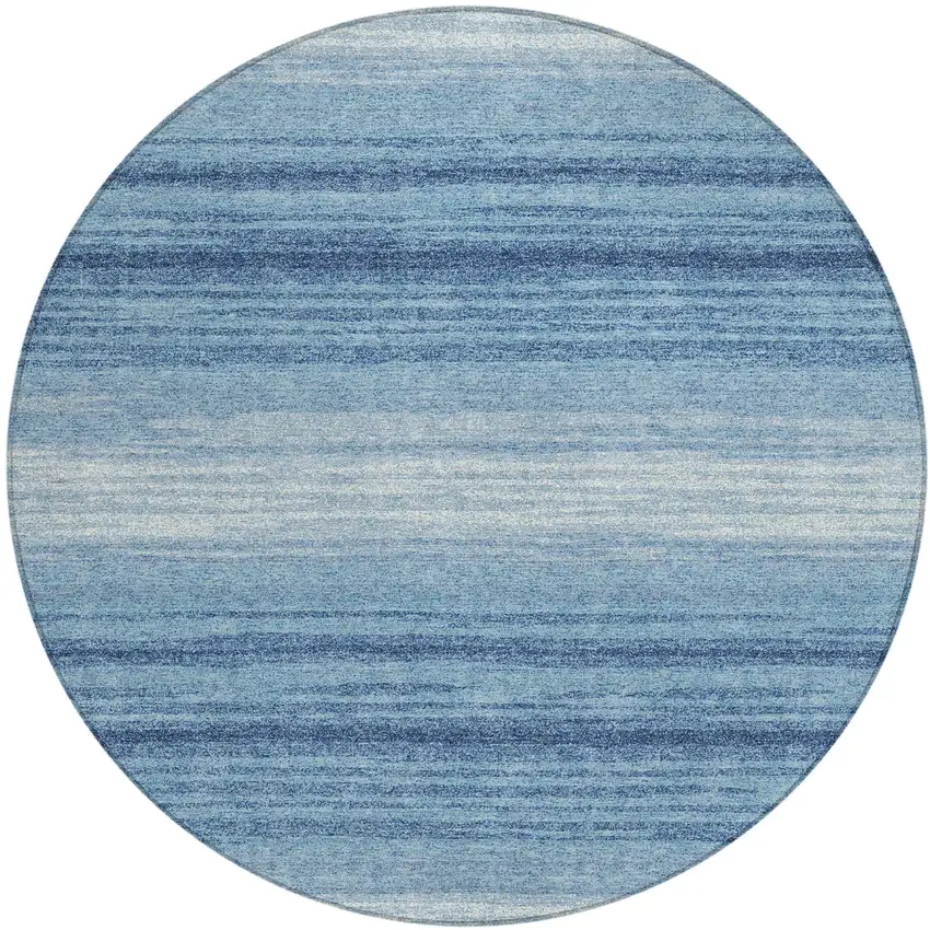 8' Blue And Ivory Round Striped Washable Indoor Outdoor Area Rug Photo 2