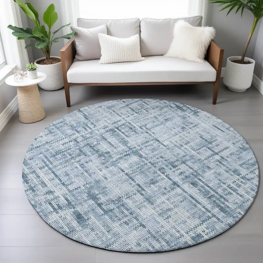 8' Blue And Ivory Round Striped Washable Indoor Outdoor Area Rug Photo 7