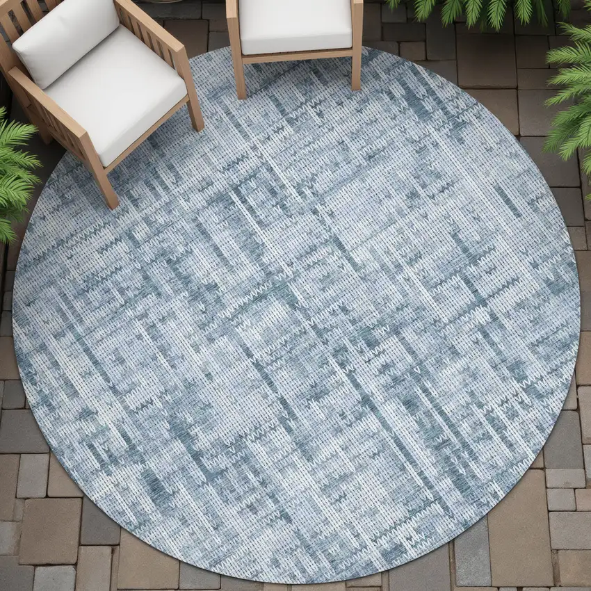 8' Blue And Ivory Round Striped Washable Indoor Outdoor Area Rug Photo 6