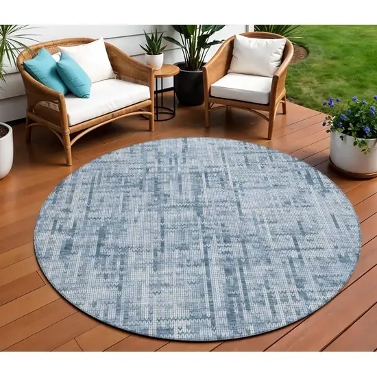 8' Blue And Ivory Round Striped Washable Indoor Outdoor Area Rug Photo 2