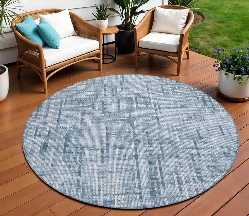 8' Blue And Ivory Round Striped Washable Indoor Outdoor Area Rug Photo 2