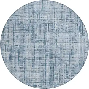Photo of 8' Blue And Ivory Round Striped Washable Indoor Outdoor Area Rug
