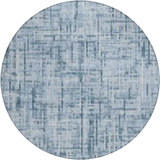 8' Blue And Ivory Round Striped Washable Indoor Outdoor Area Rug Photo 1