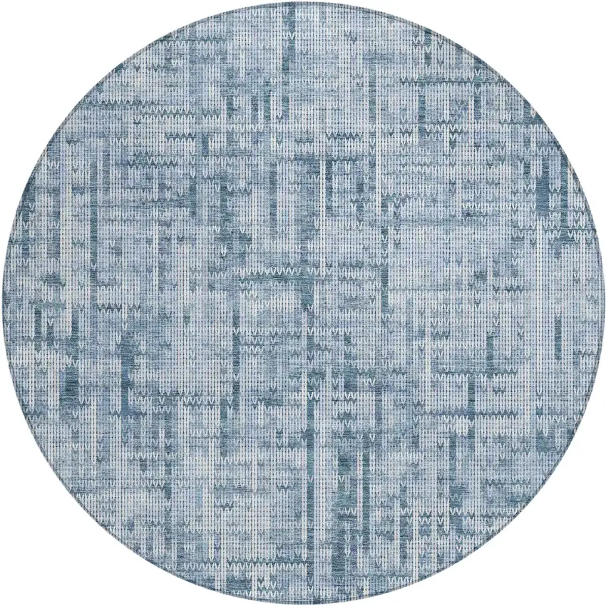 8' Blue And Ivory Round Striped Washable Indoor Outdoor Area Rug Photo 1