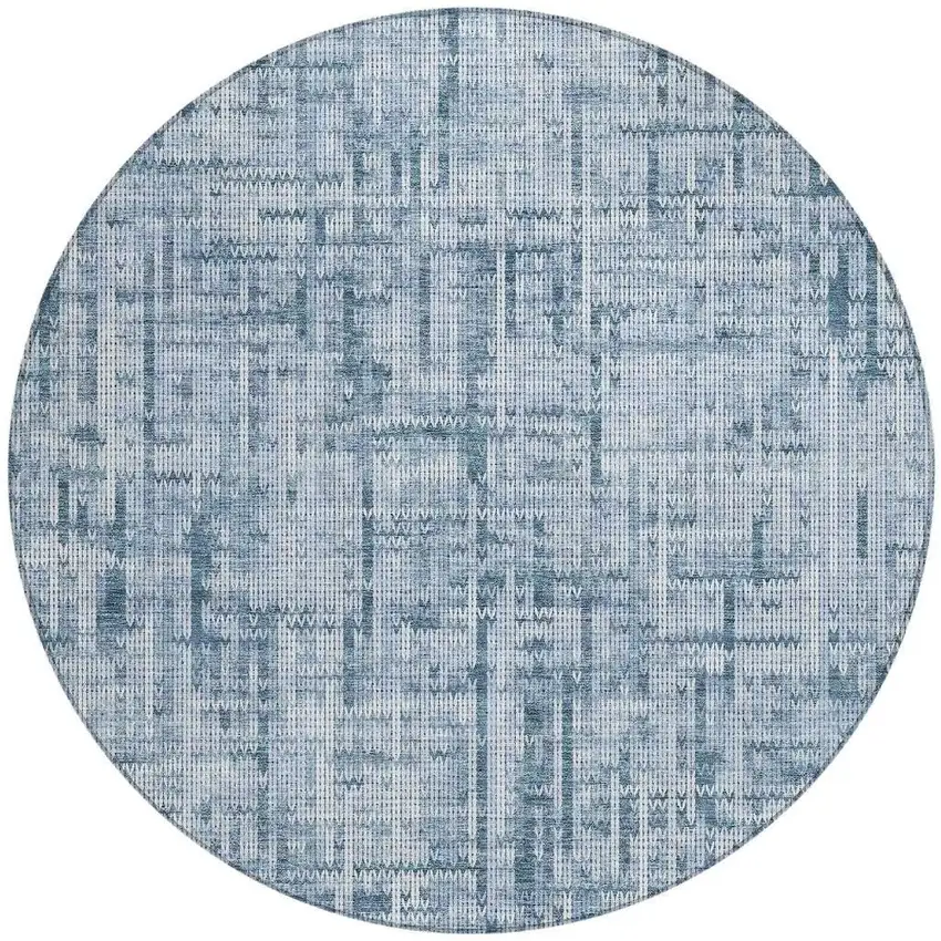 8' Blue And Ivory Round Striped Washable Indoor Outdoor Area Rug Photo 3