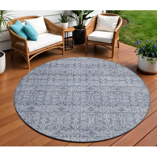 8' Blue And Ivory Round Striped Washable Indoor Outdoor Area Rug Photo 2