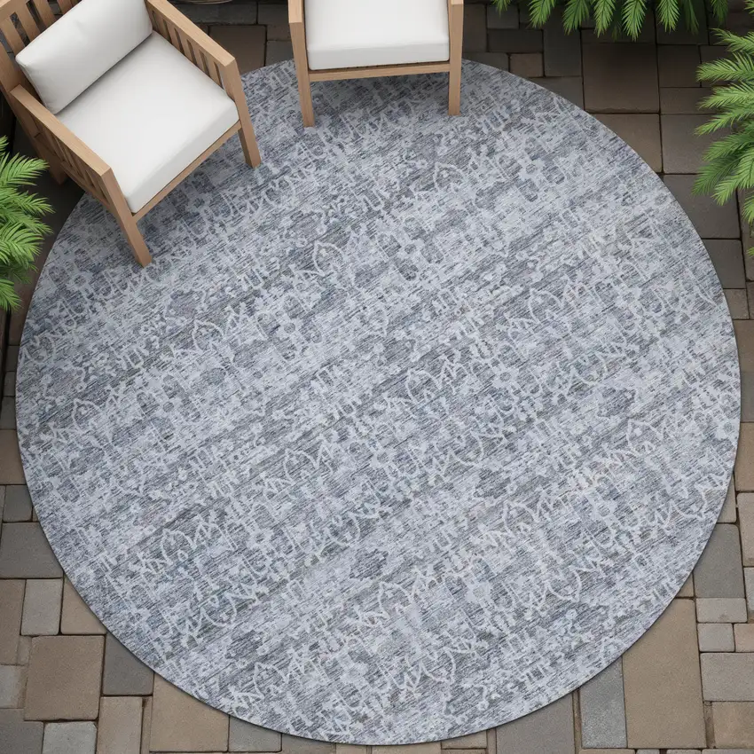 8' Blue And Ivory Round Striped Washable Indoor Outdoor Area Rug Photo 5