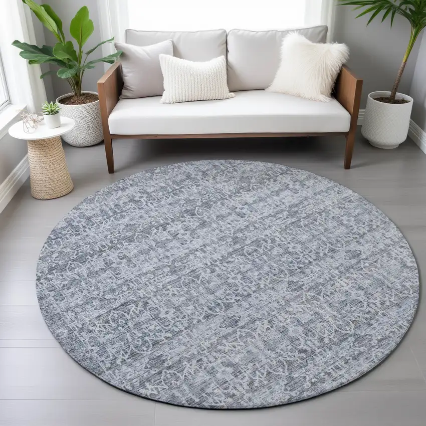 8' Blue And Ivory Round Striped Washable Indoor Outdoor Area Rug Photo 6