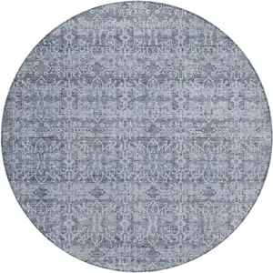 Photo of 8' Blue And Ivory Round Striped Washable Indoor Outdoor Area Rug