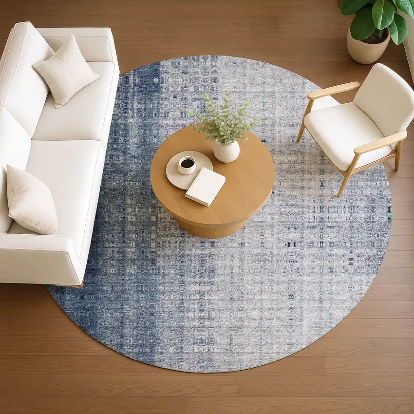 8' Blue And Ivory Round Striped Washable Indoor Outdoor Area Rug Photo 8