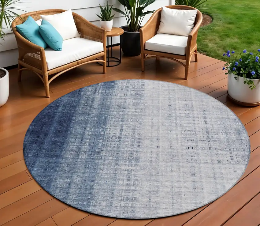 8' Blue And Ivory Round Striped Washable Indoor Outdoor Area Rug Photo 1