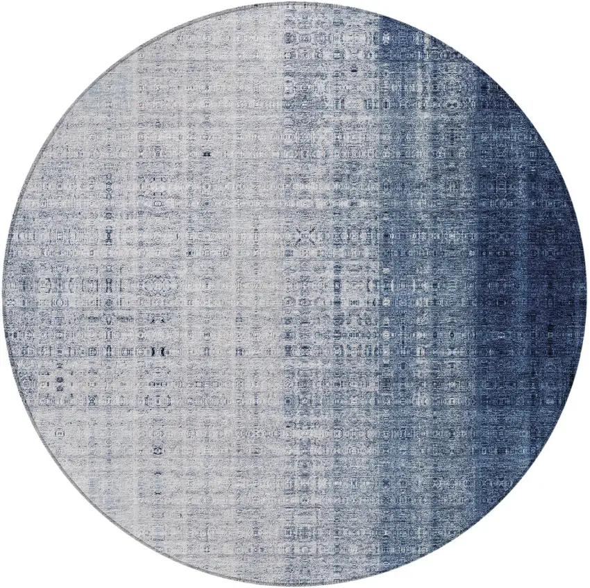 8' Blue And Ivory Round Striped Washable Indoor Outdoor Area Rug Photo 4