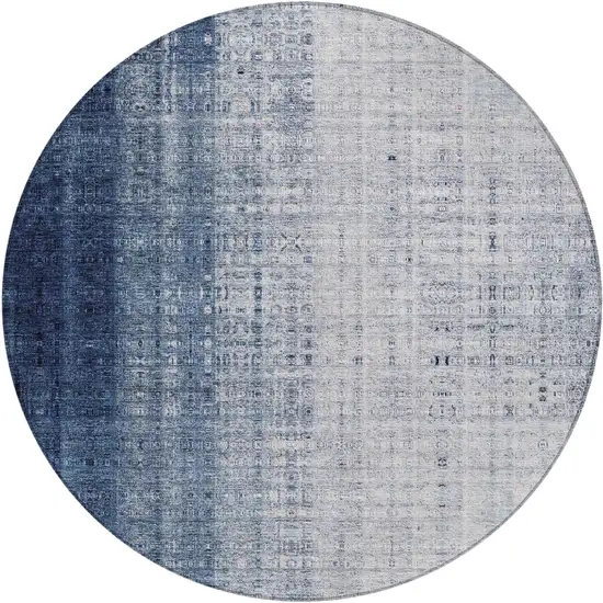8' Blue And Ivory Round Striped Washable Indoor Outdoor Area Rug Photo 2