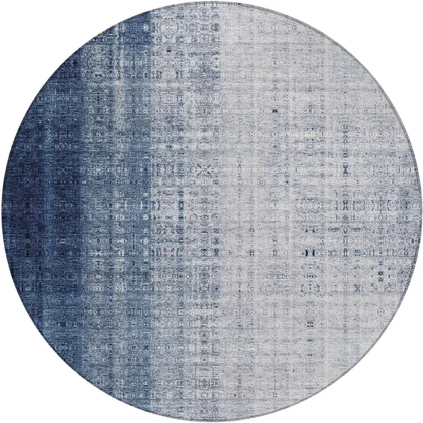 8' Blue And Ivory Round Striped Washable Indoor Outdoor Area Rug Photo 2