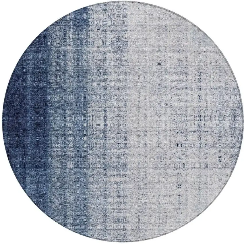 8' Blue And Ivory Round Striped Washable Indoor Outdoor Area Rug Photo 5