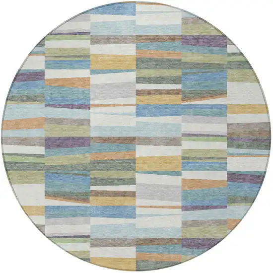 8' Blue And Ivory Round Striped Washable Indoor Outdoor Area Rug Photo 3