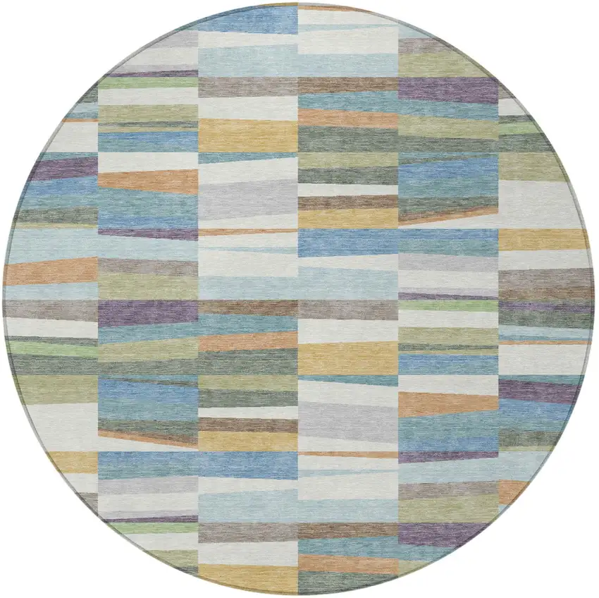 8' Blue And Ivory Round Striped Washable Indoor Outdoor Area Rug Photo 3