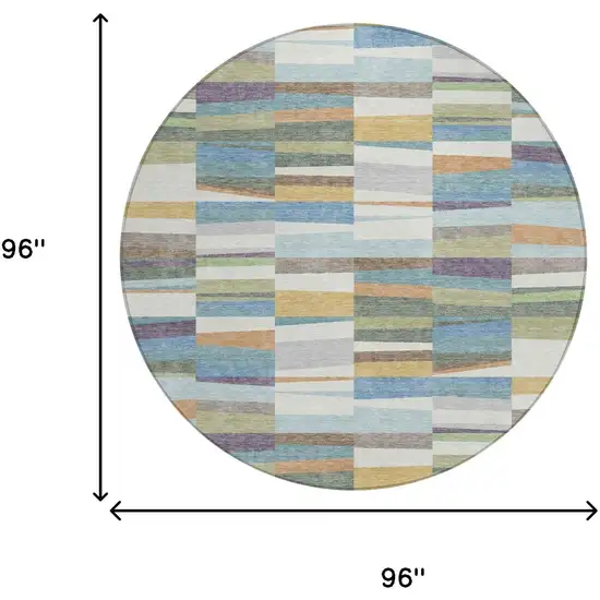 8' Blue And Ivory Round Striped Washable Indoor Outdoor Area Rug Photo 6