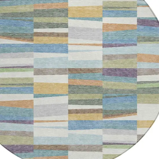 8' Blue And Ivory Round Striped Washable Indoor Outdoor Area Rug Photo 2