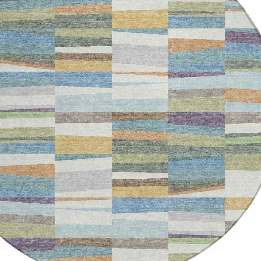 8' Blue And Ivory Round Striped Washable Indoor Outdoor Area Rug Photo 2