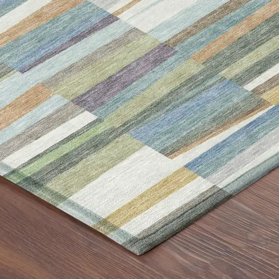 8' Blue And Ivory Round Striped Washable Indoor Outdoor Area Rug Photo 4