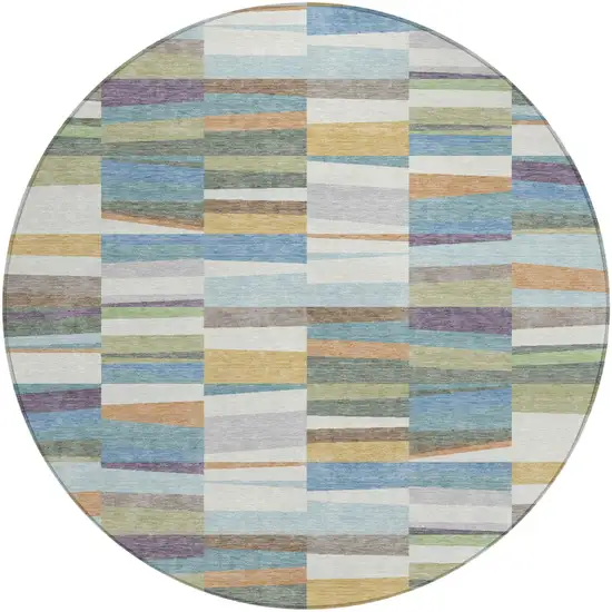 8' Blue And Ivory Round Striped Washable Indoor Outdoor Area Rug Photo 1