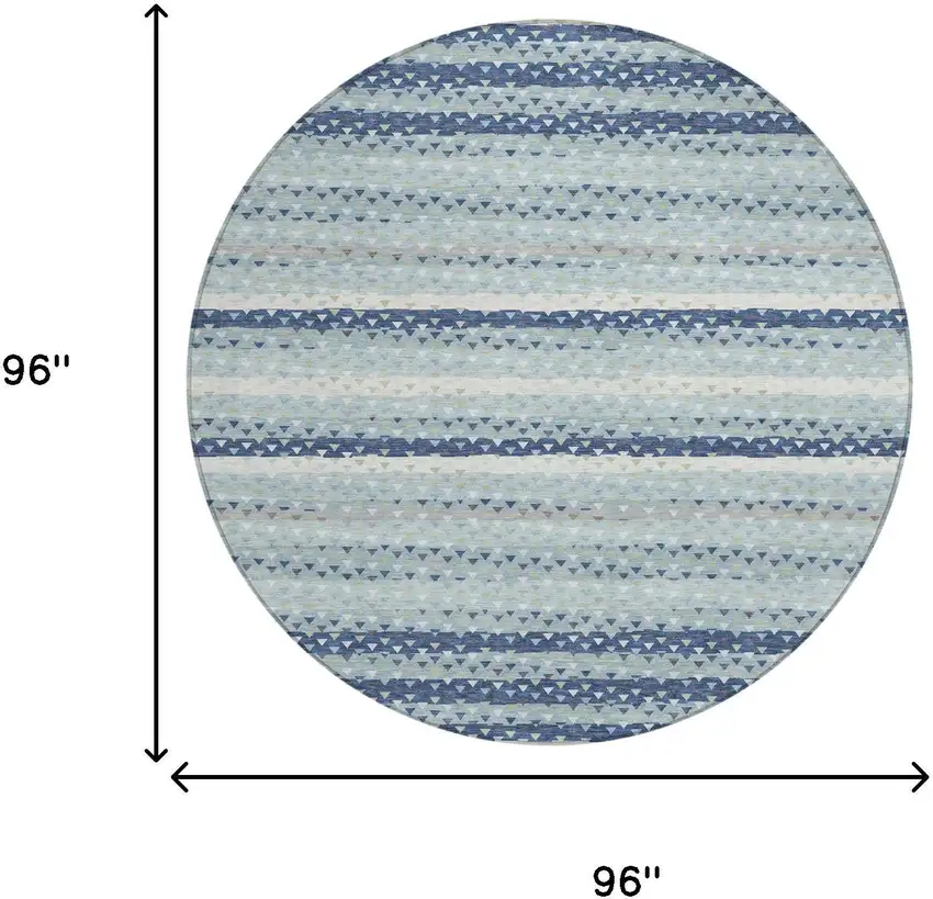 8' Blue And Ivory Round Striped Washable Indoor Outdoor Area Rug Photo 5