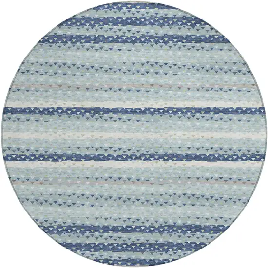 8' Blue And Ivory Round Striped Washable Indoor Outdoor Area Rug Photo 2
