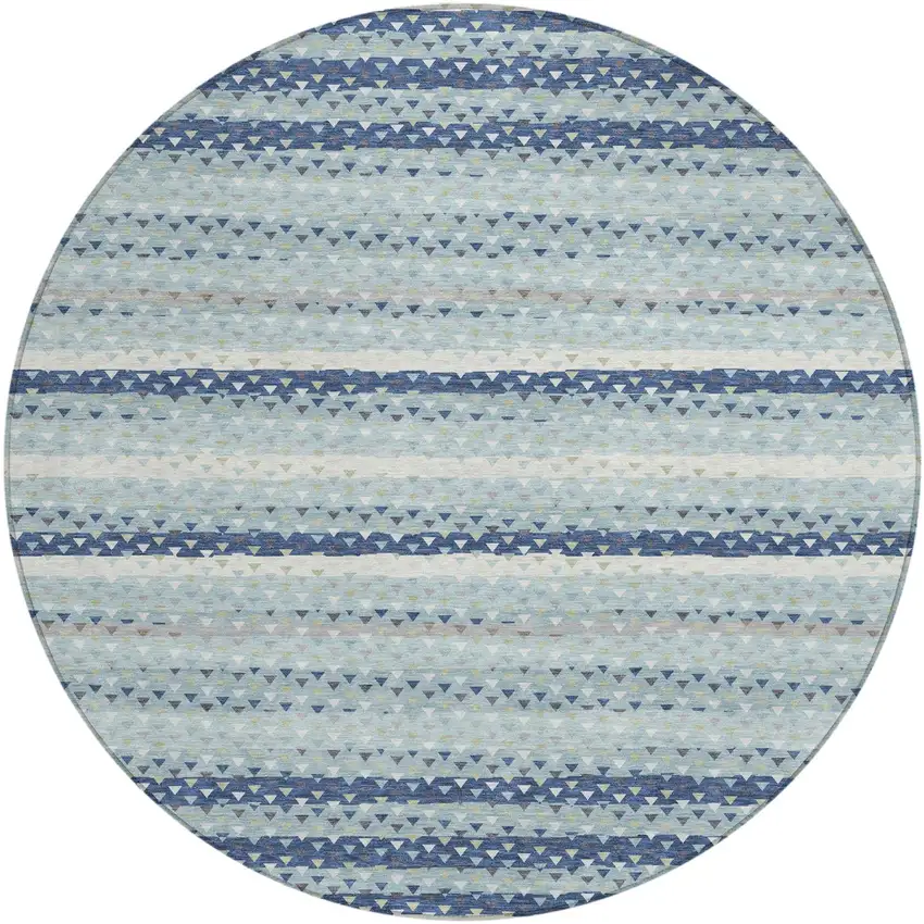 8' Blue And Ivory Round Striped Washable Indoor Outdoor Area Rug Photo 2