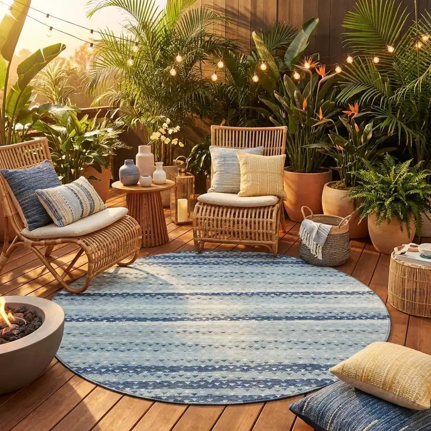 8' Blue And Ivory Round Striped Washable Indoor Outdoor Area Rug Photo 1