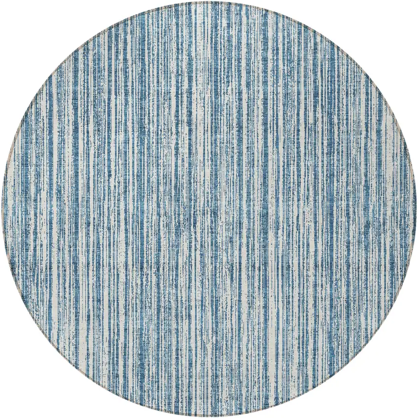 8' Blue And Ivory Round Striped Washable Indoor Outdoor Area Rug Photo 4