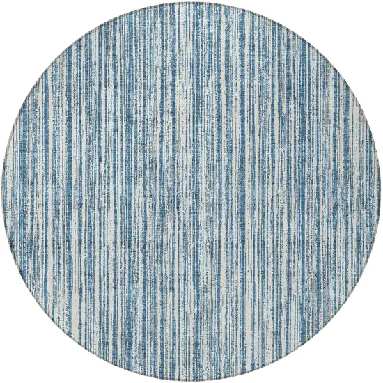 8' Blue And Ivory Round Striped Washable Indoor Outdoor Area Rug Photo 4