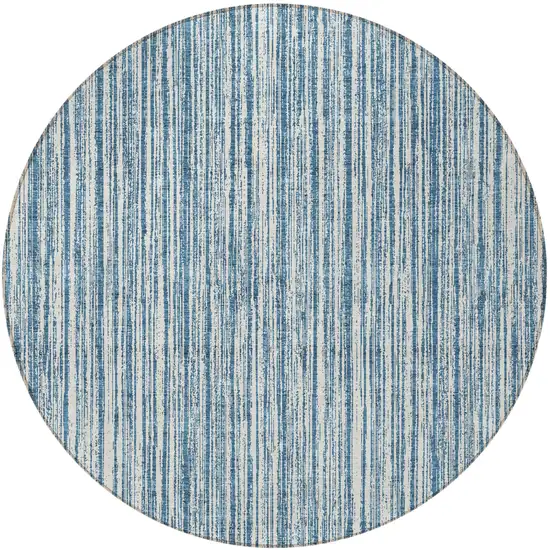 8' Blue And Ivory Round Striped Washable Indoor Outdoor Area Rug Photo 4