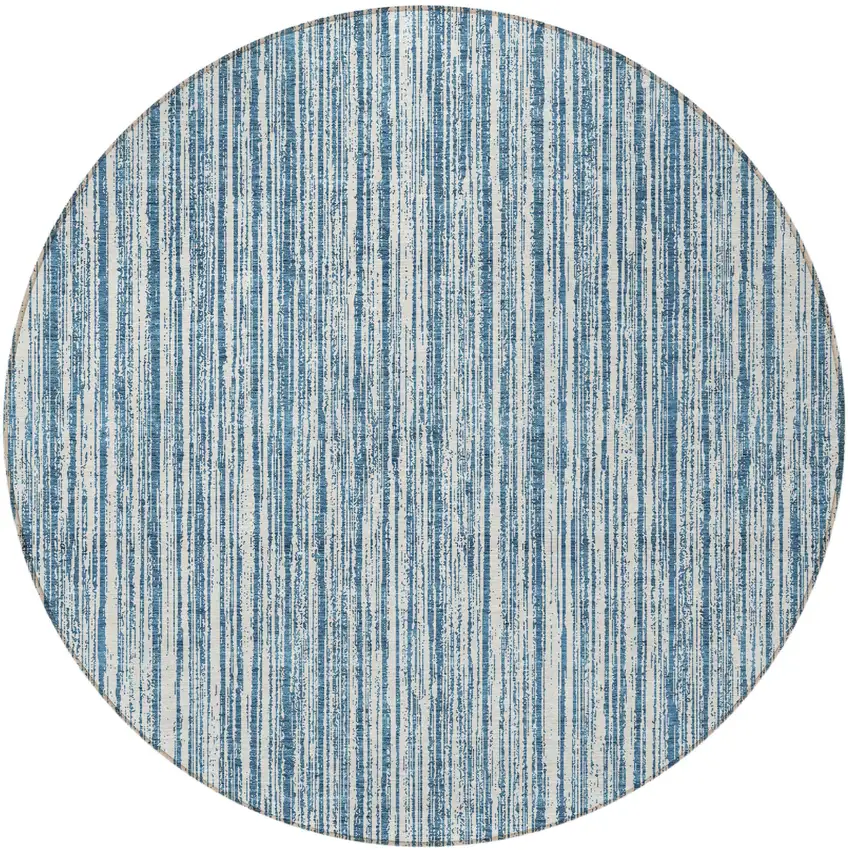 8' Blue And Ivory Round Striped Washable Indoor Outdoor Area Rug Photo 4